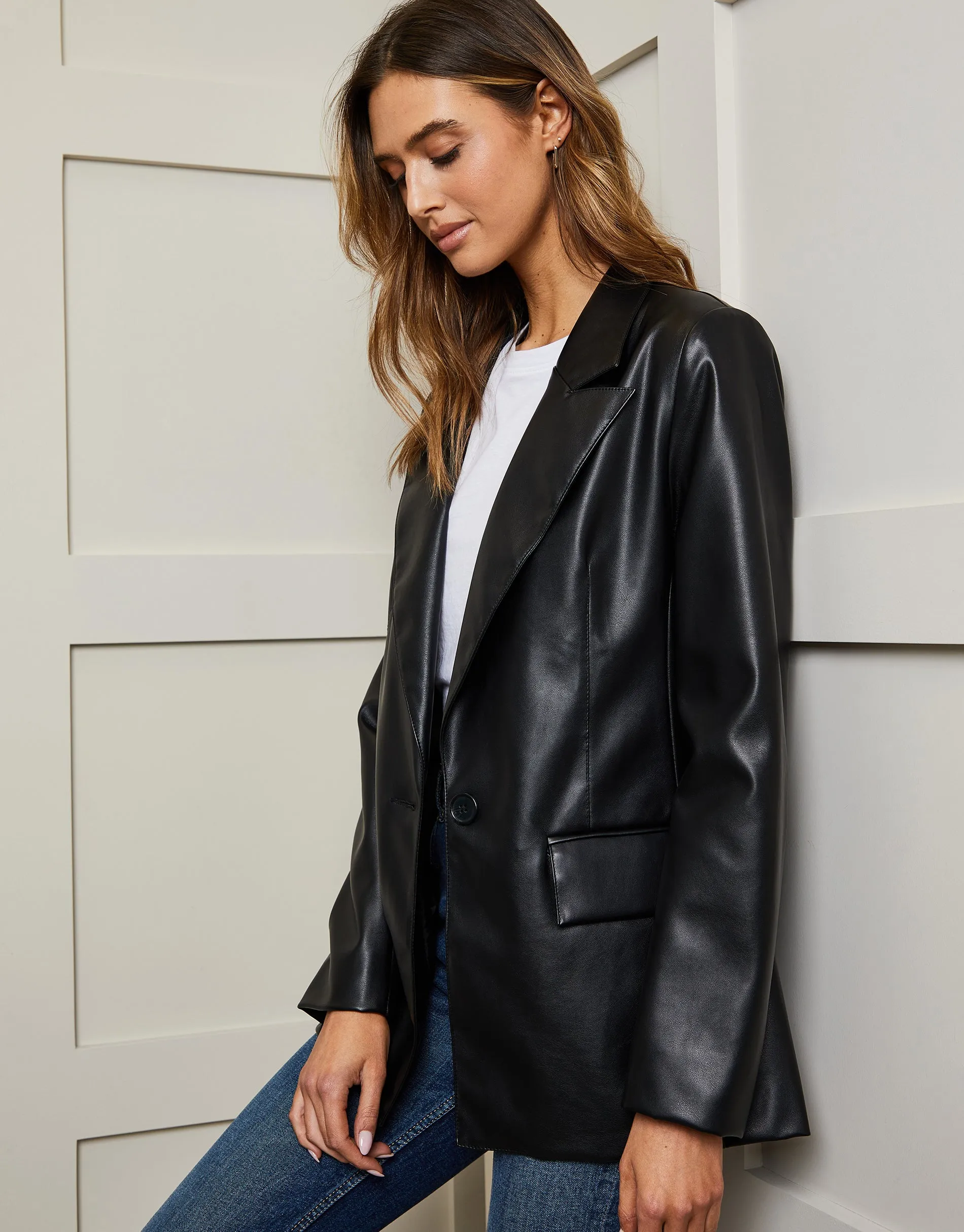 Women's Black Faux Leather Blazer sold by Threadbare