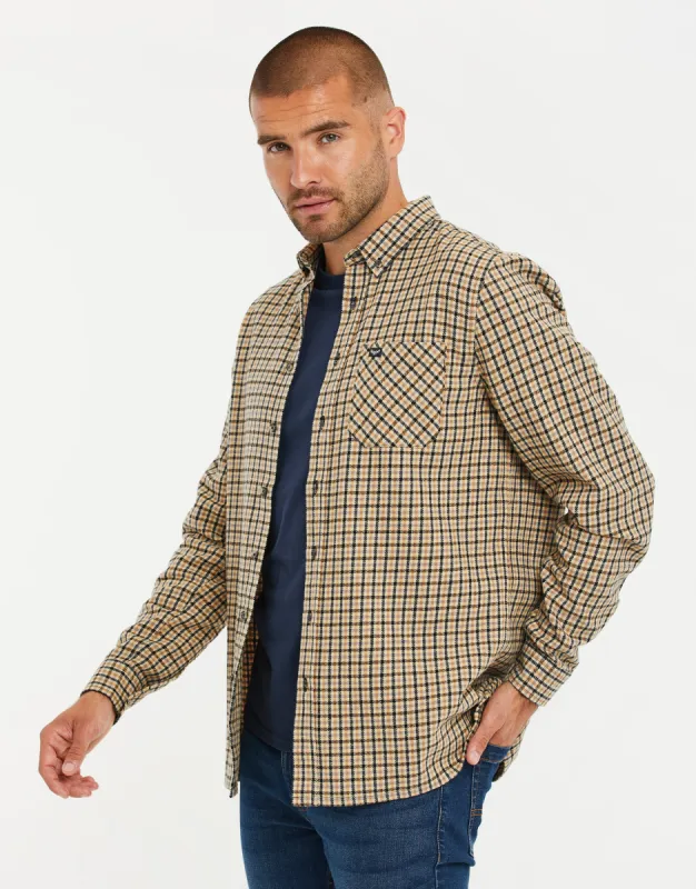 Men's Brown Fine Dogtooth Check Long Sleeve Shirt sold by Threadbare