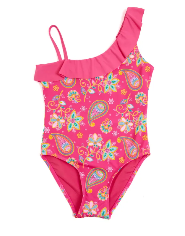 Girls' Pink Paisley Print Frill Swimsuit sold by Threadbare