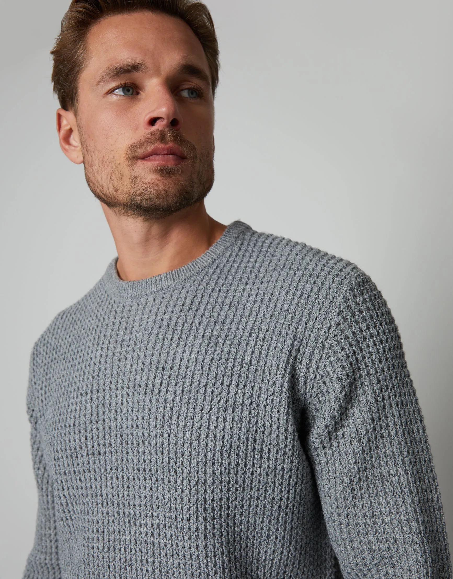 Men's Grey Twist Waffle Knit Crew Neck Jumper sold by Threadbare product image thumbnail 4