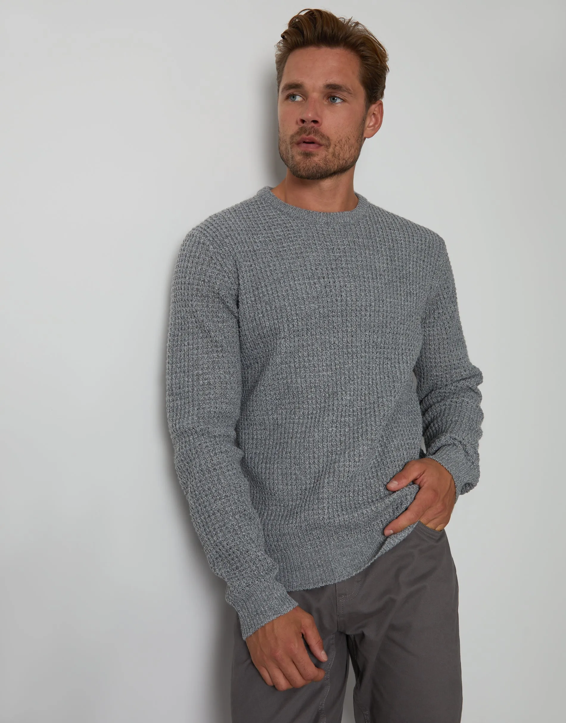 Men's Grey Twist Waffle Knit Crew Neck Jumper sold by Threadbare