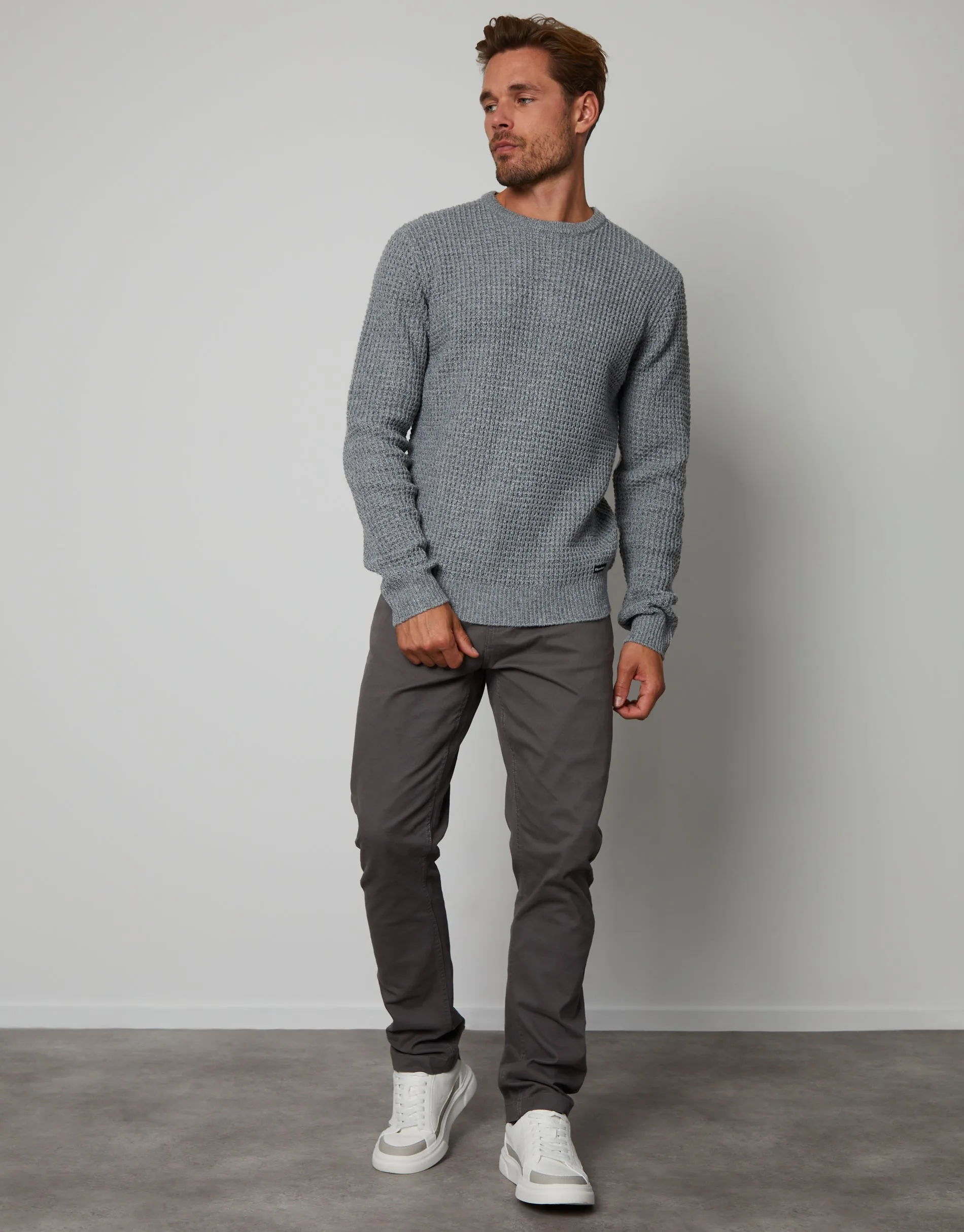 Men's Grey Twist Waffle Knit Crew Neck Jumper sold by Threadbare product image thumbnail 3
