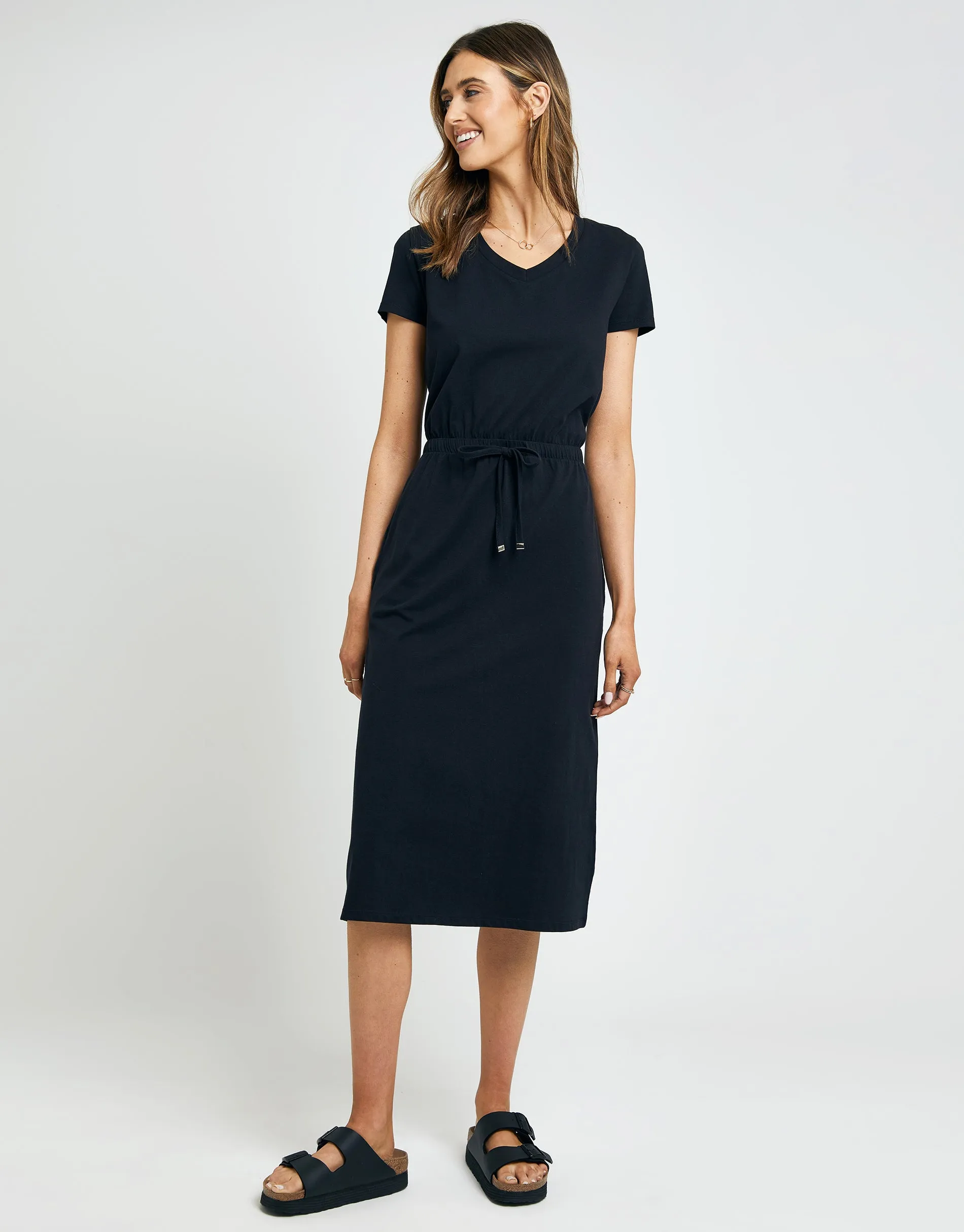 Women's Black Jersey Short Sleeve V Neck Midi Dress sold by Threadbare