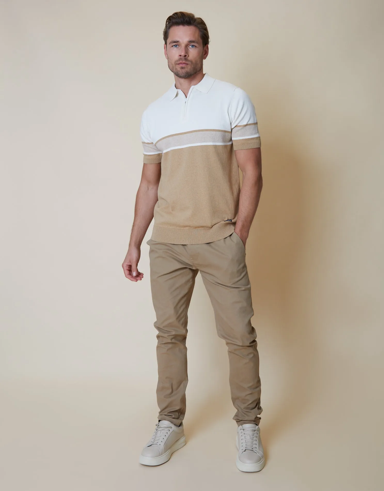 Men's Stone Colourblock Quarter Zip Knitted Polo sold by Threadbare product image thumbnail 3