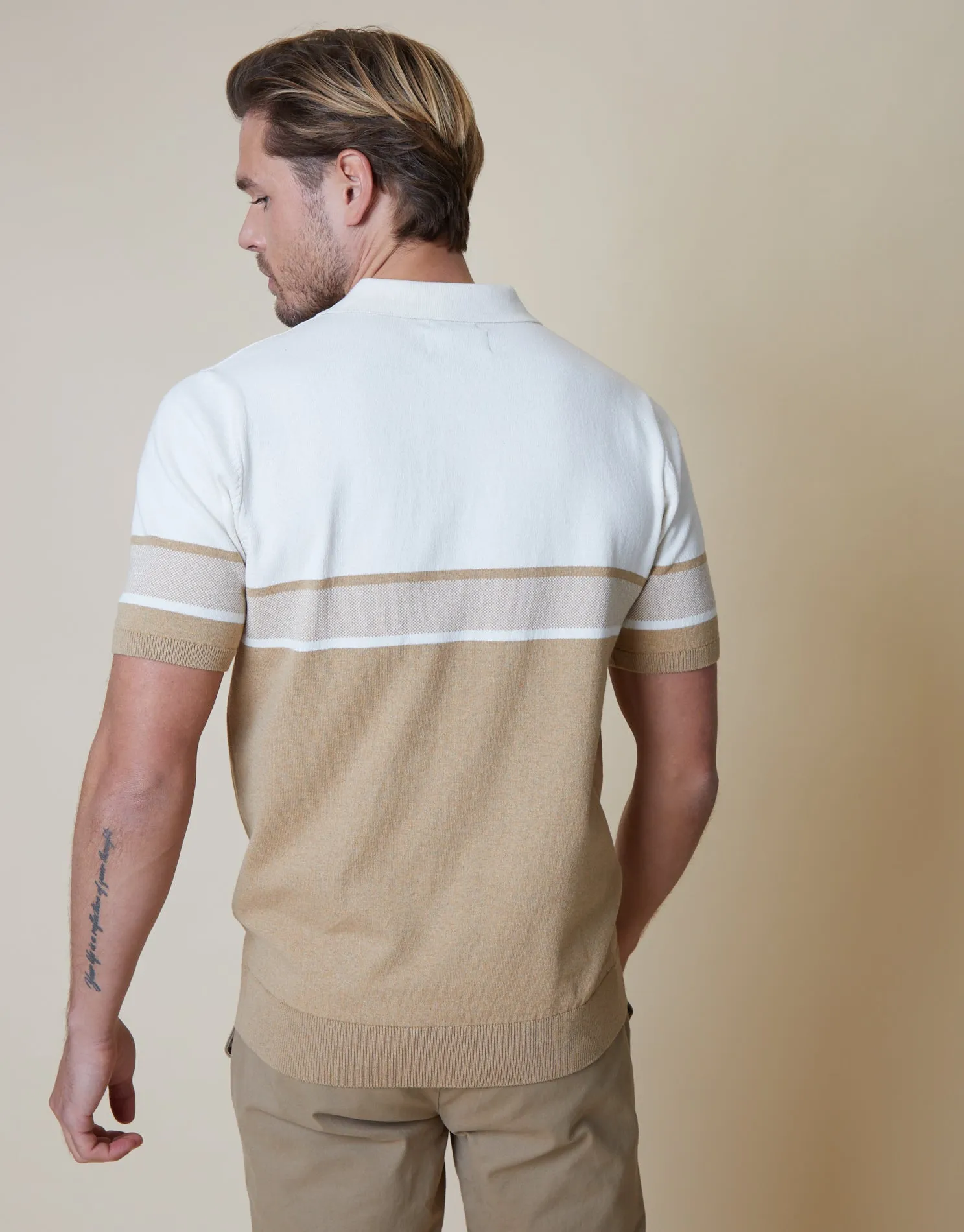 Men's Stone Colourblock Quarter Zip Knitted Polo sold by Threadbare product image thumbnail 2