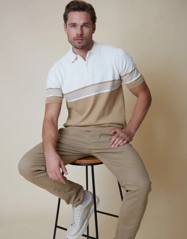 Men's Stone Colourblock Quarter Zip Knitted Polo sold by Threadbare