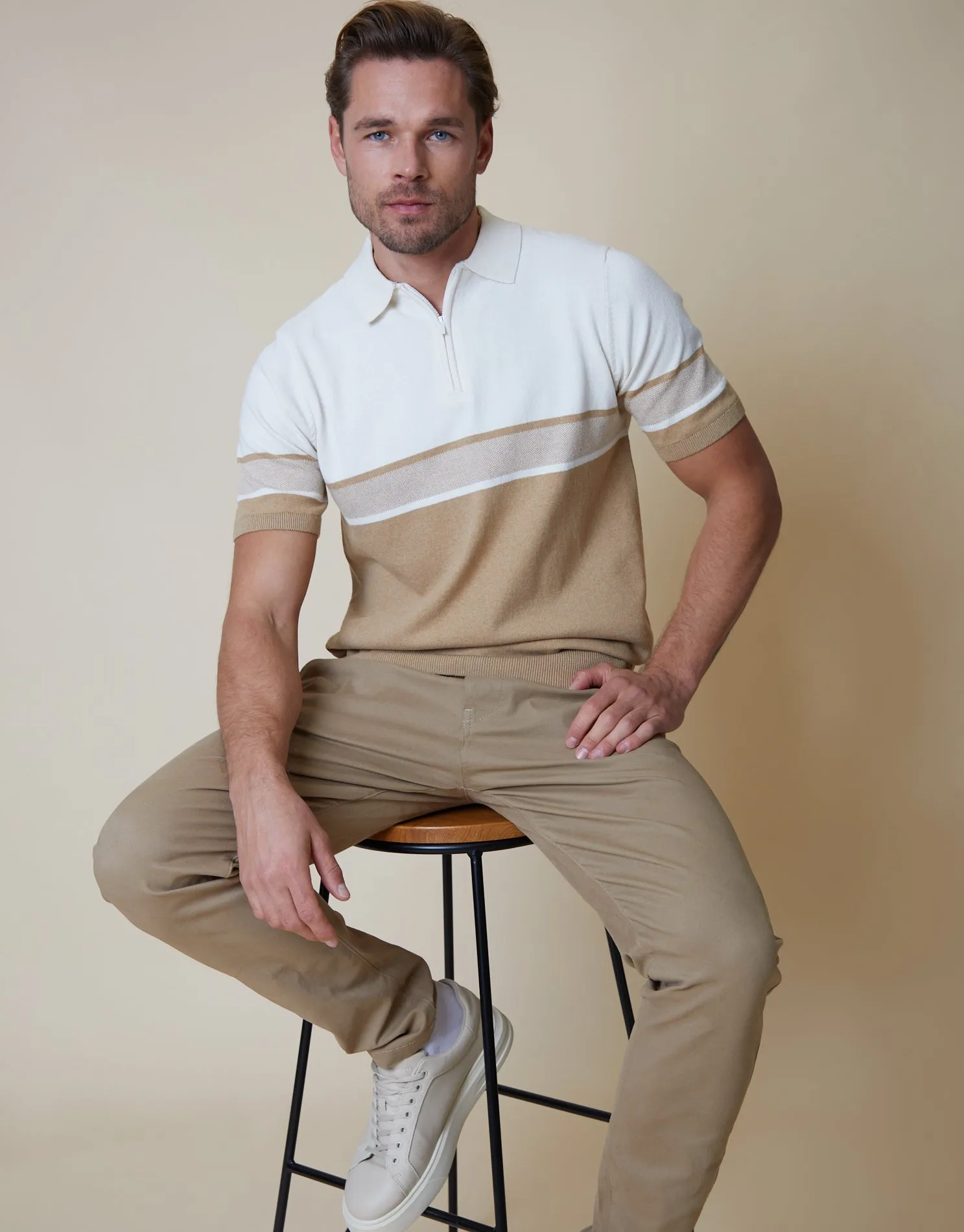 Men's Stone Colourblock Quarter Zip Knitted Polo sold by Threadbare