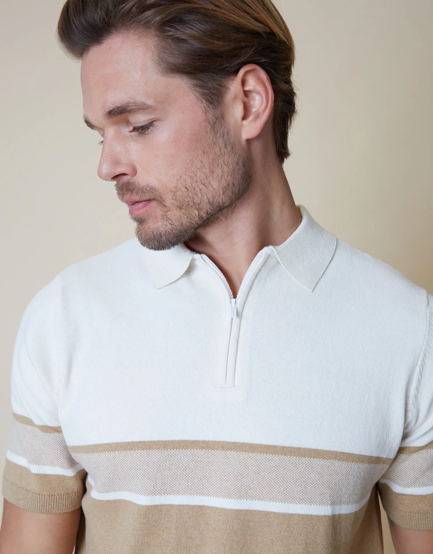 Men's Stone Colourblock Quarter Zip Knitted Polo sold by Threadbare product image thumbnail 4