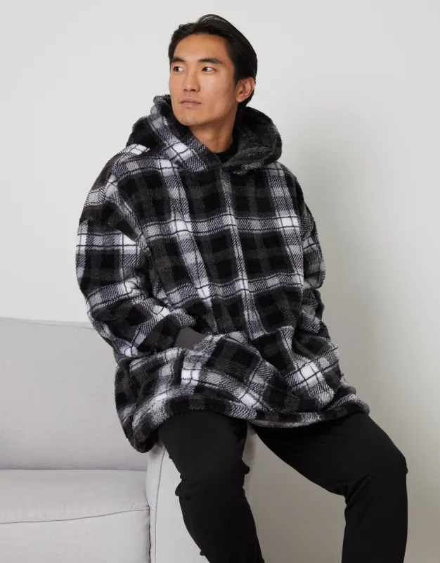 Men's Black Check Borg Oversized Hoodie sold by Threadbare