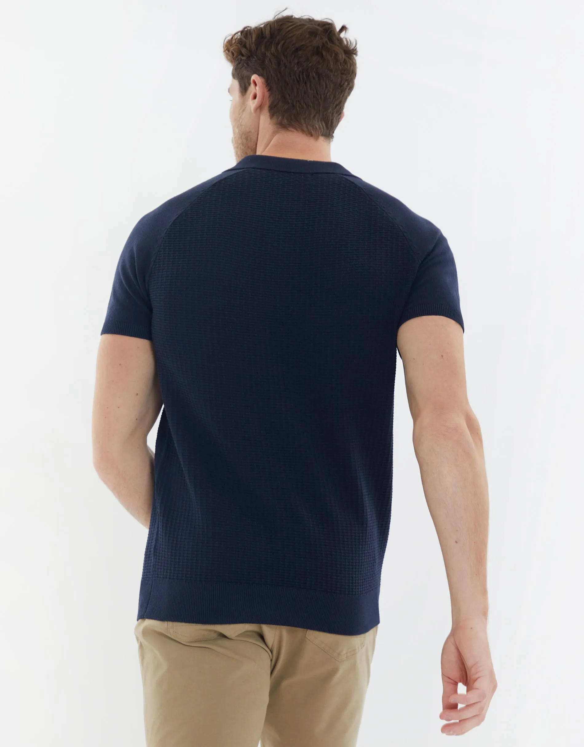 Men's Navy Quarter Zip Textured Knitted Polo sold by Threadbare product image thumbnail 2