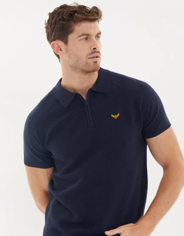 Men's Navy Quarter Zip Textured Knitted Polo sold by Threadbare