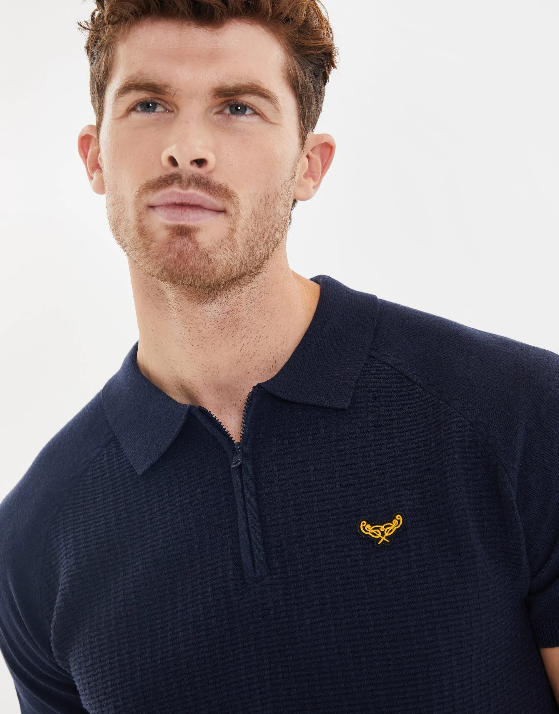 Men's Navy Quarter Zip Textured Knitted Polo sold by Threadbare product image thumbnail 4