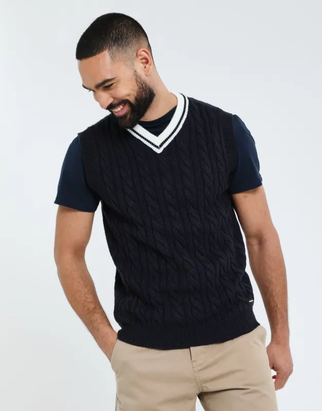 Men's Navy Contrast Neck Cable Knit Vest sold by Threadbare