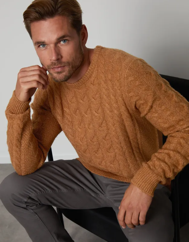 Men's Camel Cable Knit Detail Crew Neck Jumper sold by Threadbare