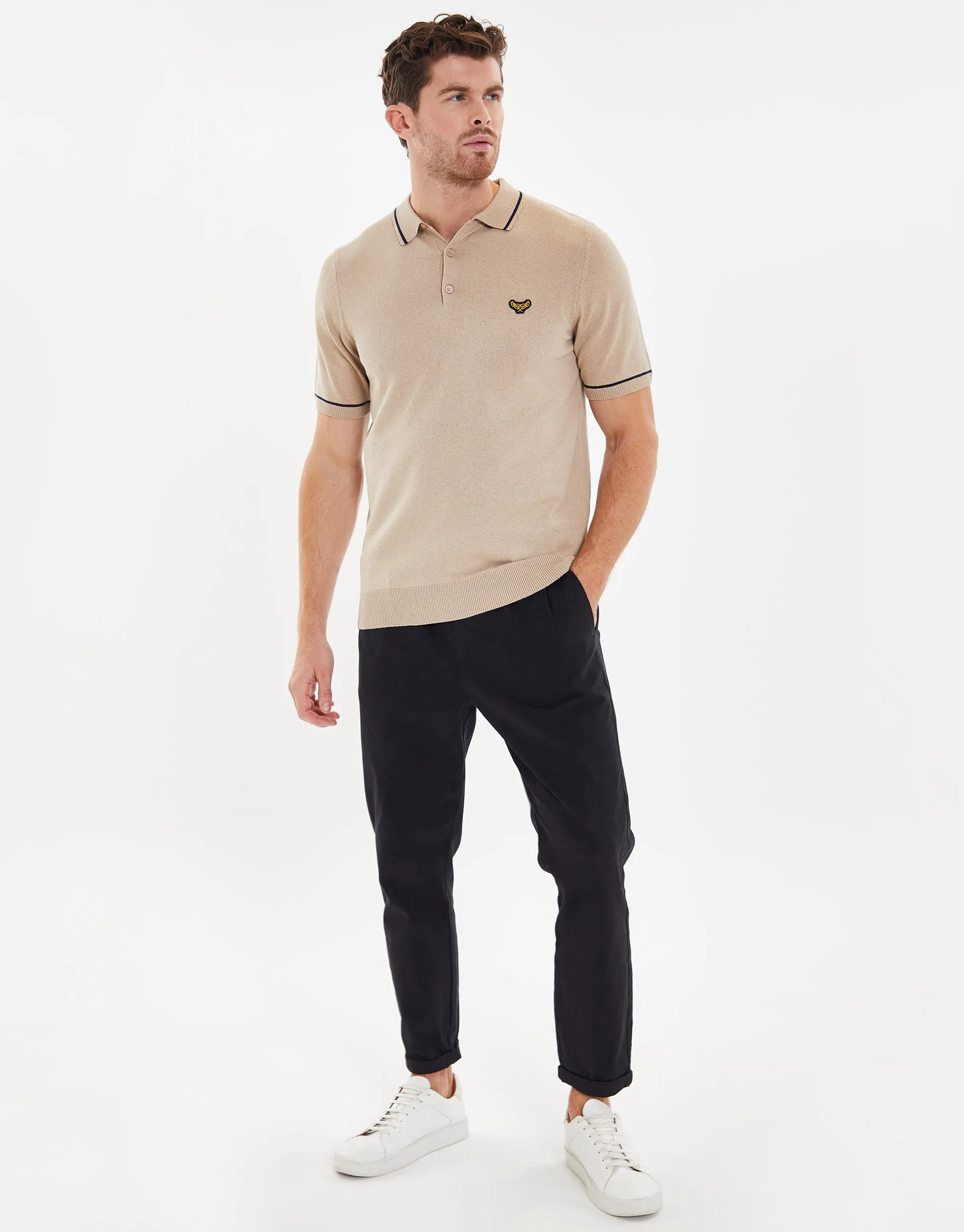 Men's Camel Tipping Button Collar Knitted Polo sold by Threadbare product image thumbnail 3