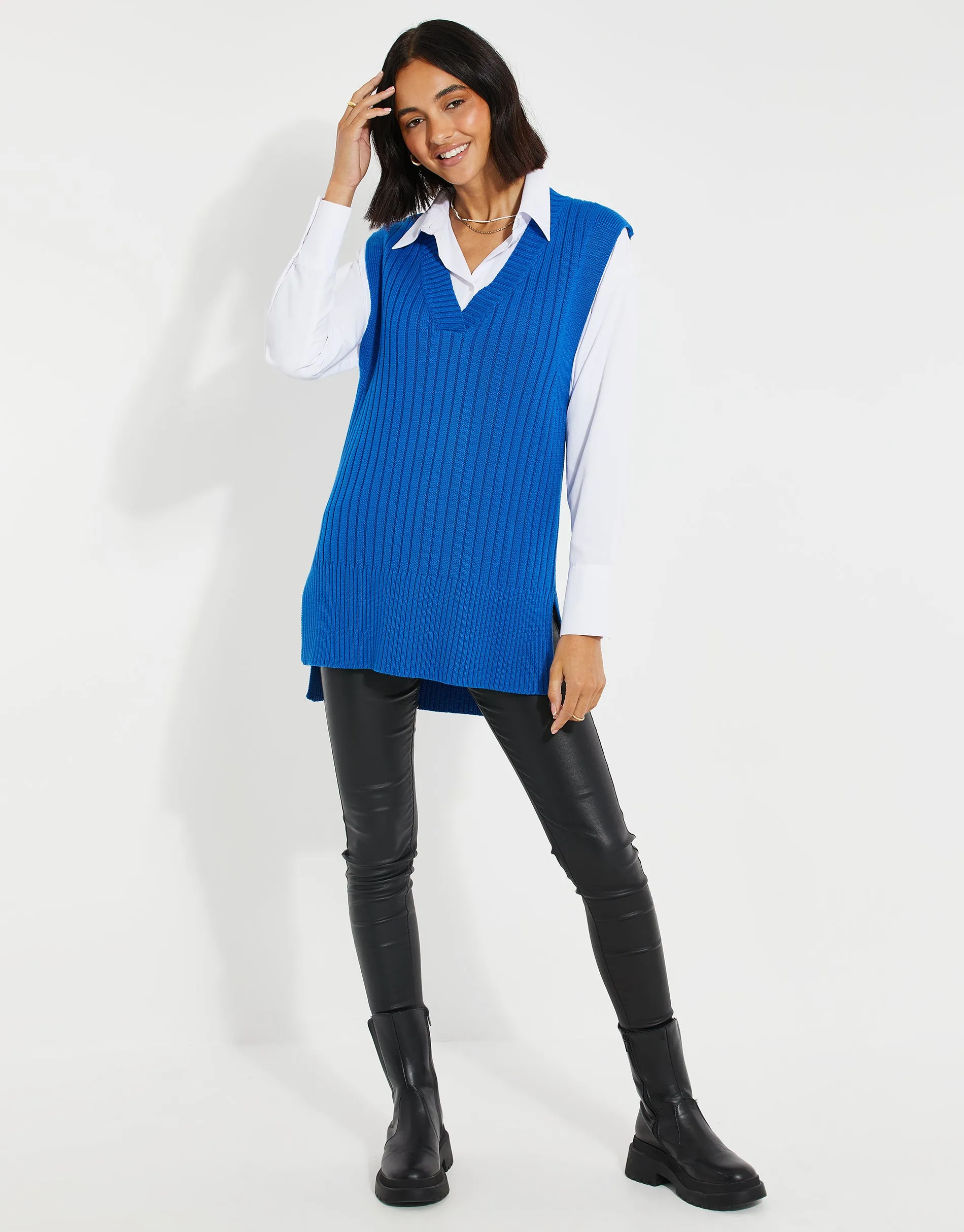 Women's Blue V-Neck Ribbed Knitted Sweater Vest sold by Threadbare product image thumbnail 3