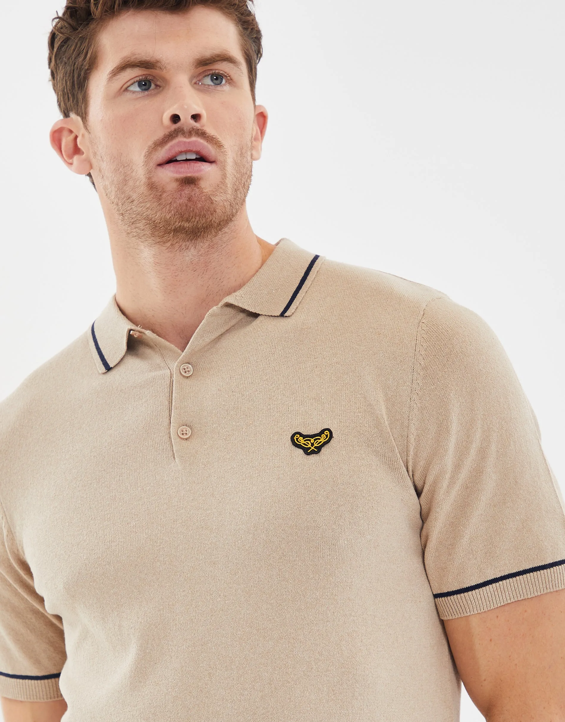 Men's Camel Tipping Button Collar Knitted Polo sold by Threadbare product image thumbnail 4