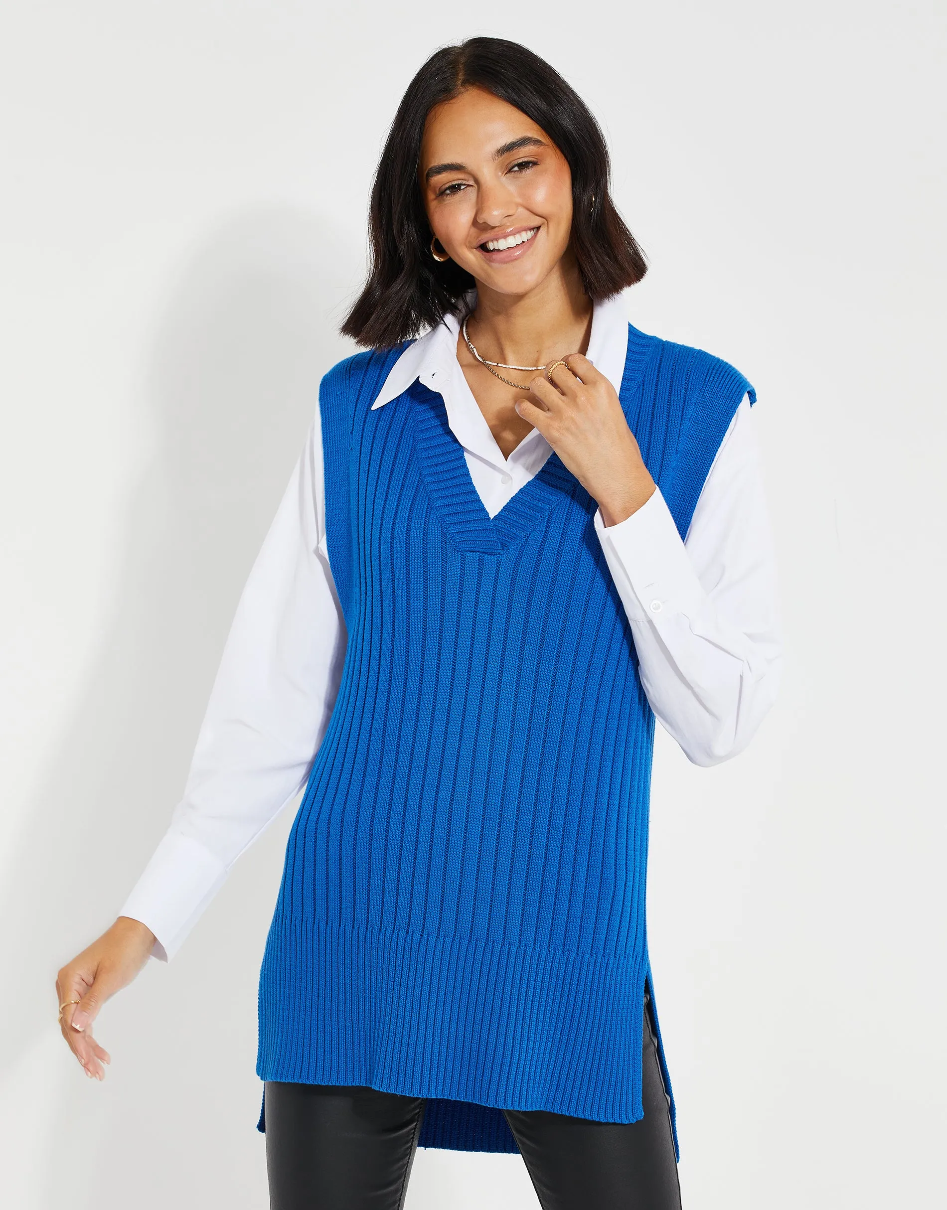 Women's Blue V-Neck Ribbed Knitted Sweater Vest sold by Threadbare