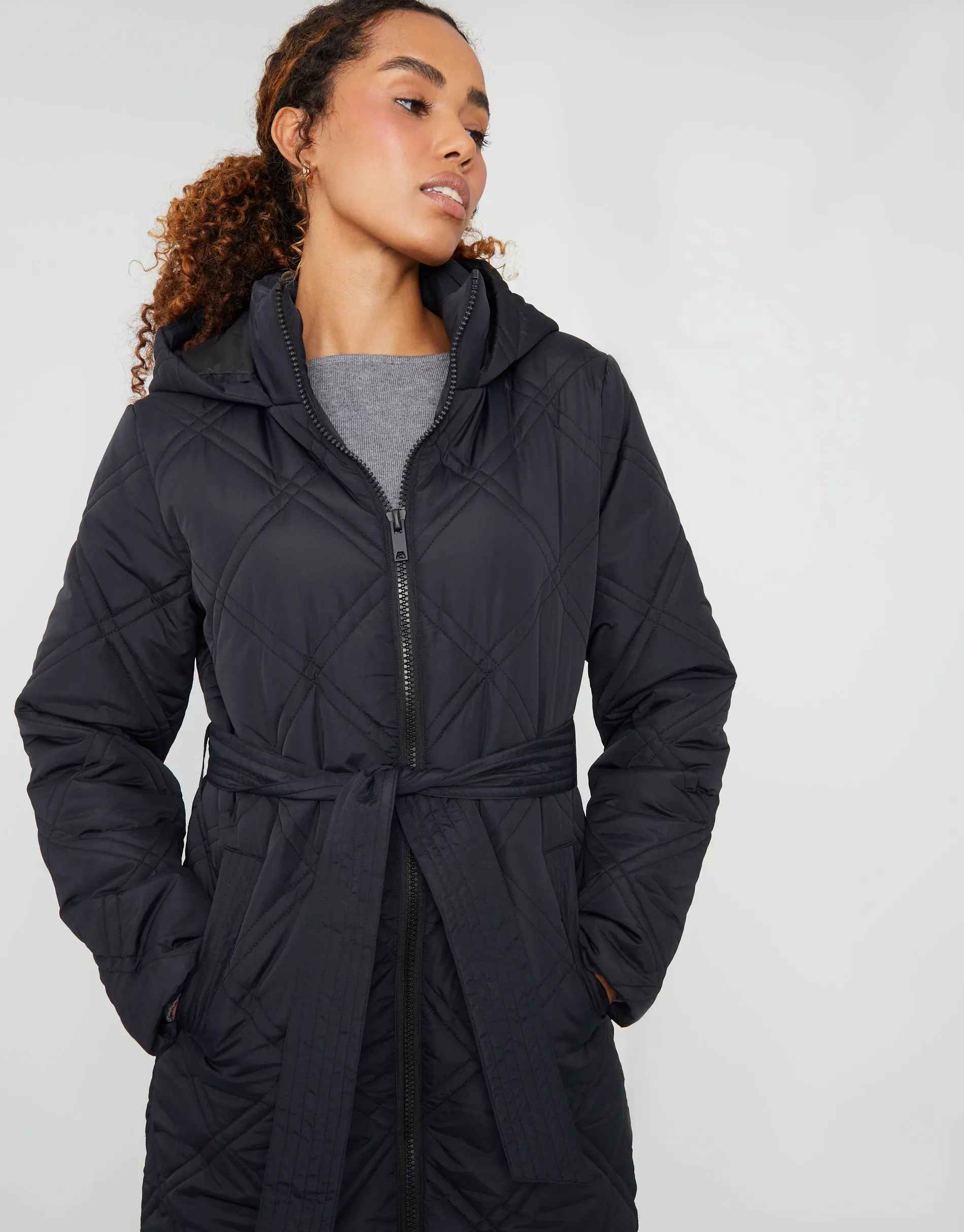 Womens Black Diamond Quilted Belted Coat sold by Threadbare product image thumbnail 4