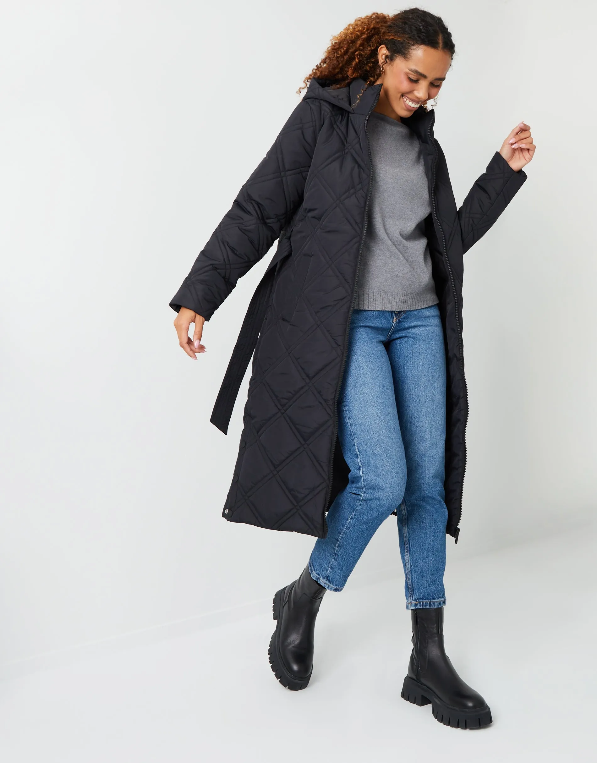 Womens Black Diamond Quilted Belted Coat sold by Threadbare