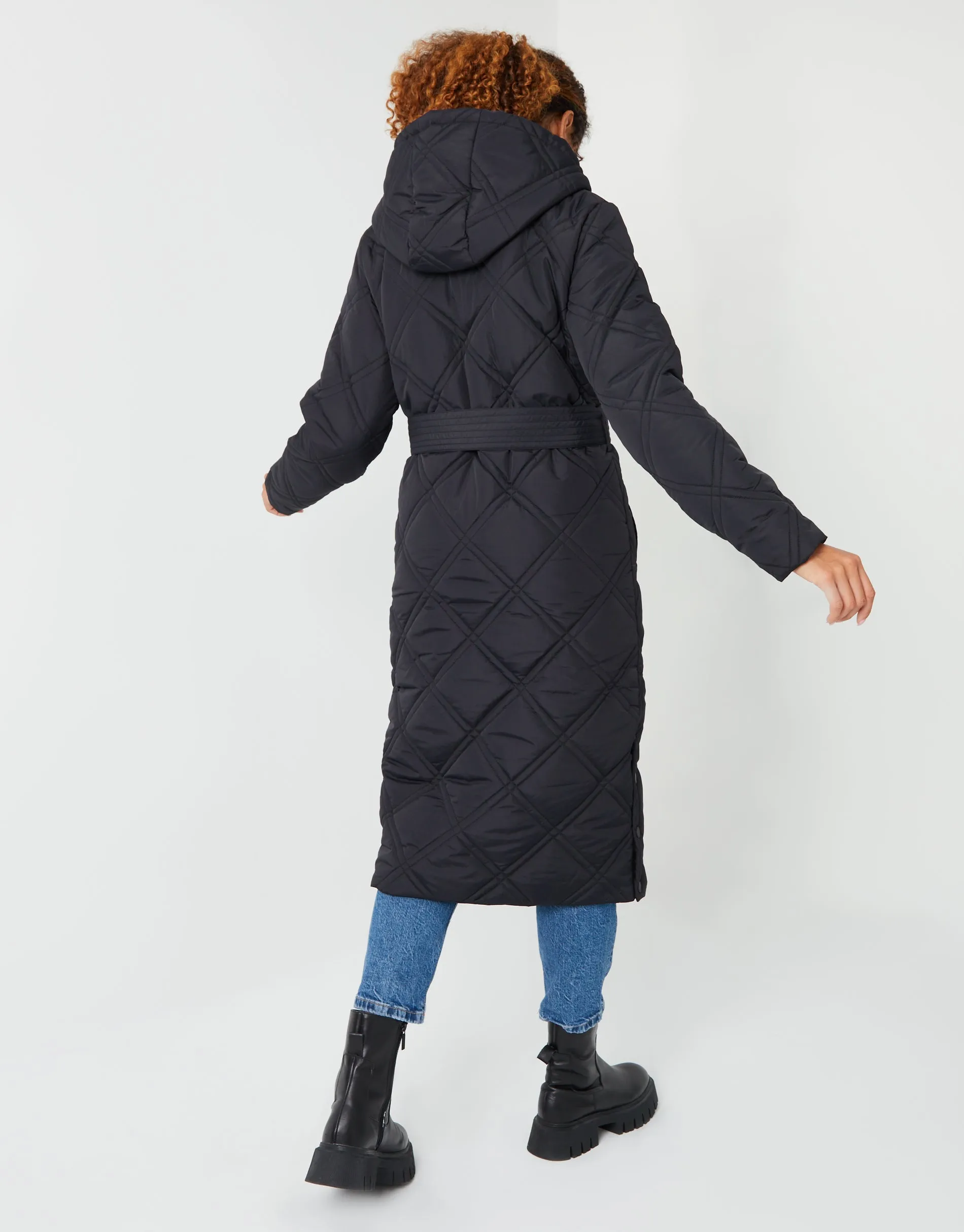 Womens Black Diamond Quilted Belted Coat sold by Threadbare product image thumbnail 2