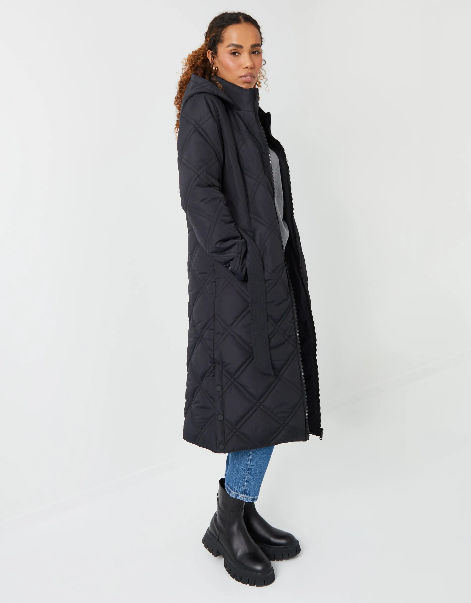Womens Black Diamond Quilted Belted Coat sold by Threadbare product image thumbnail 3