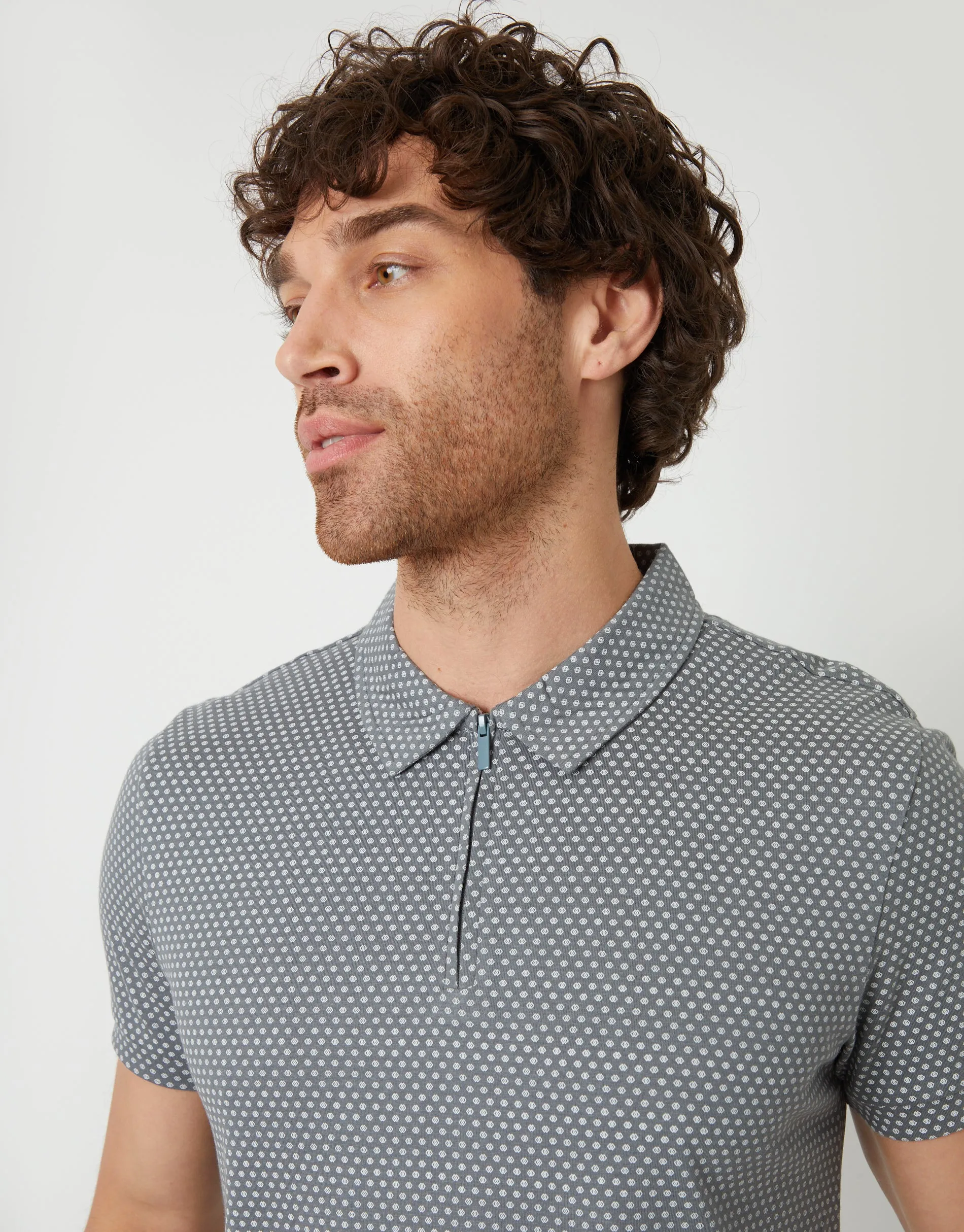 Threadbare Men's Grey Geometric Print Zip Collar Polo Shirt sold by Threadbare product image thumbnail 4