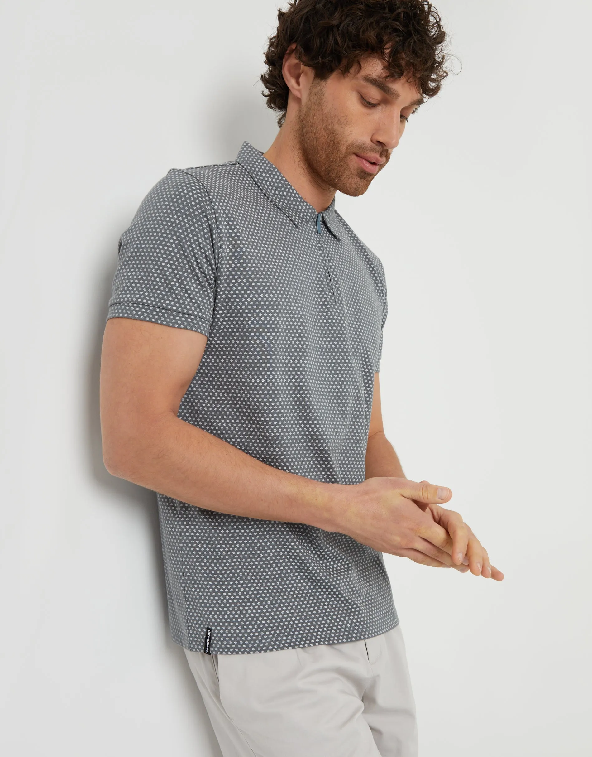 Threadbare Men's Grey Geometric Print Zip Collar Polo Shirt sold by Threadbare product image thumbnail 3