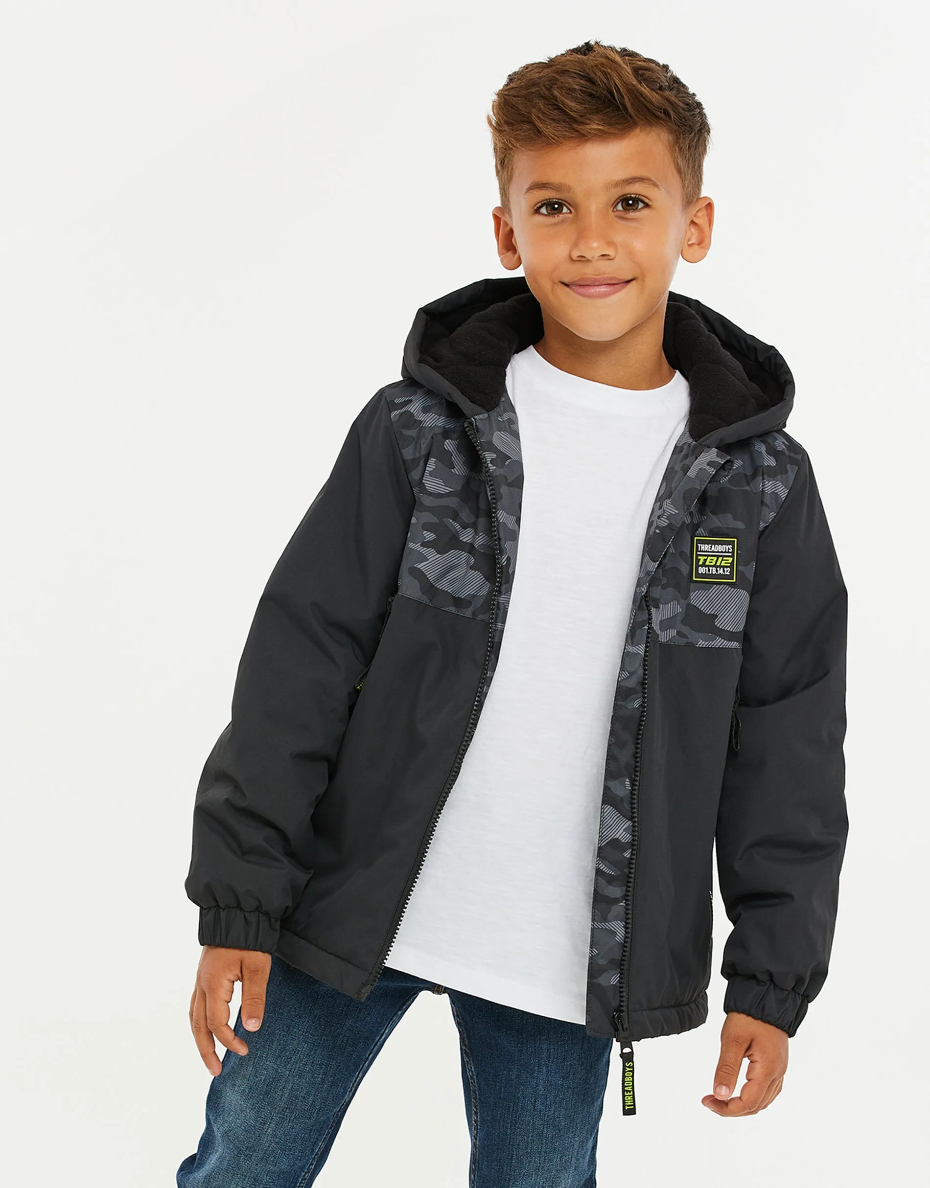 Boys' Black Camo Print Hooded Jacket sold by Threadbare