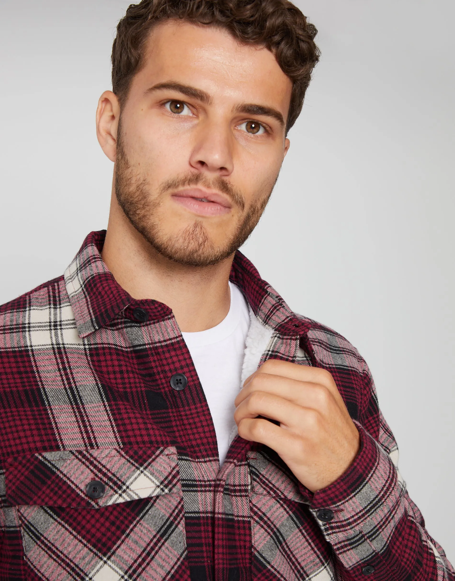 Men's Burgundy Check Borg Lined Long Sleeve Shirt sold by Threadbare product image thumbnail 4