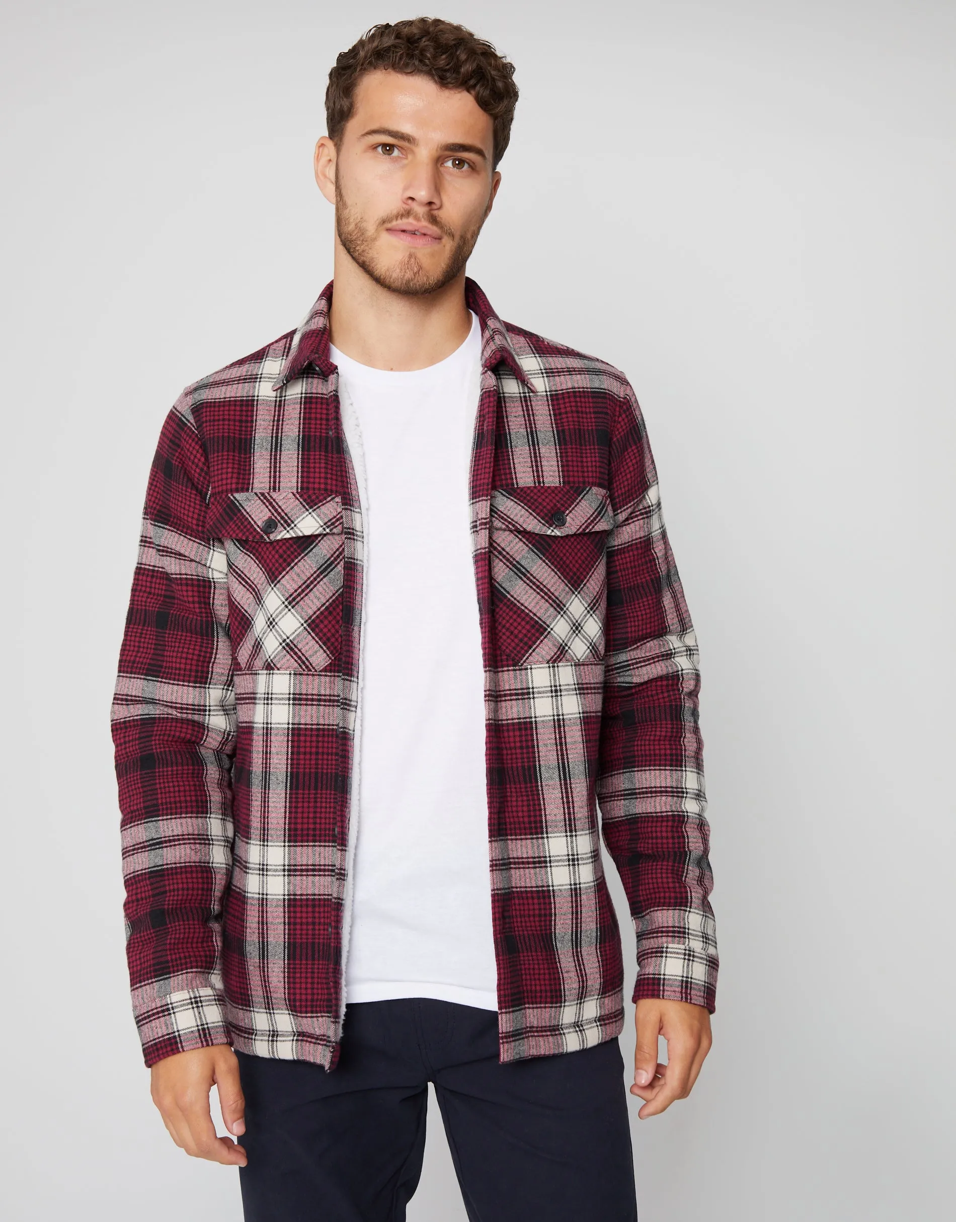 Men's Burgundy Check Borg Lined Long Sleeve Shirt sold by Threadbare product image thumbnail 5