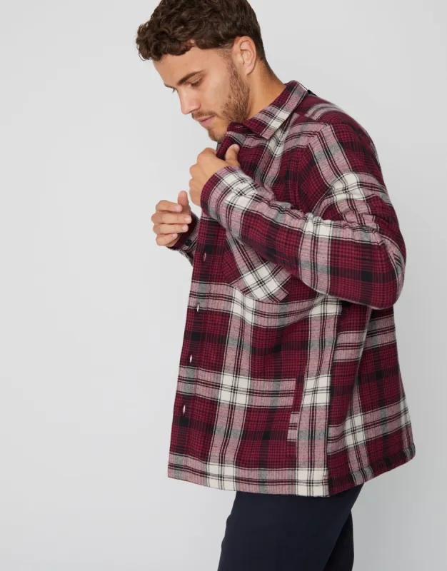 Men's Burgundy Check Borg Lined Long Sleeve Shirt sold by Threadbare