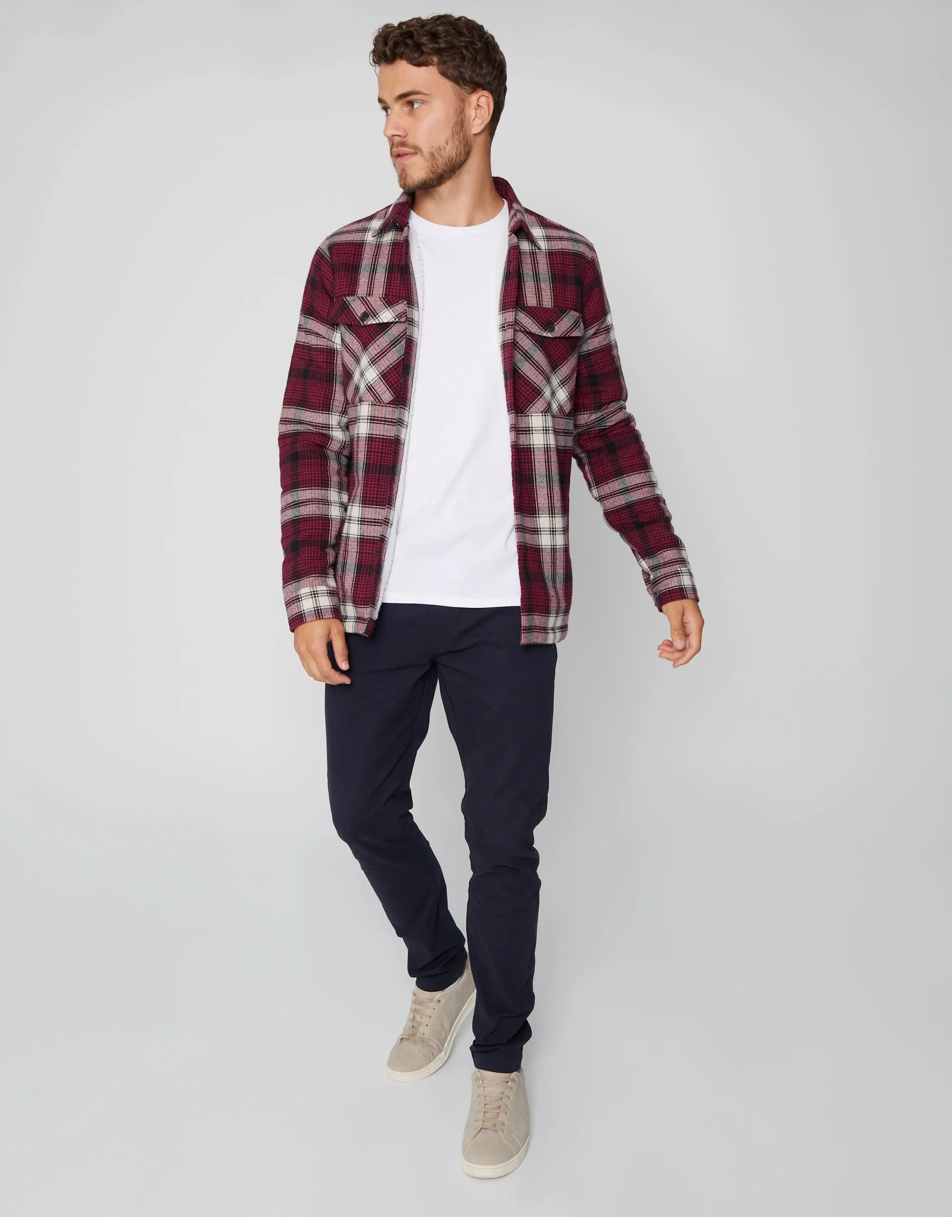 Men's Burgundy Check Borg Lined Long Sleeve Shirt sold by Threadbare product image thumbnail 3