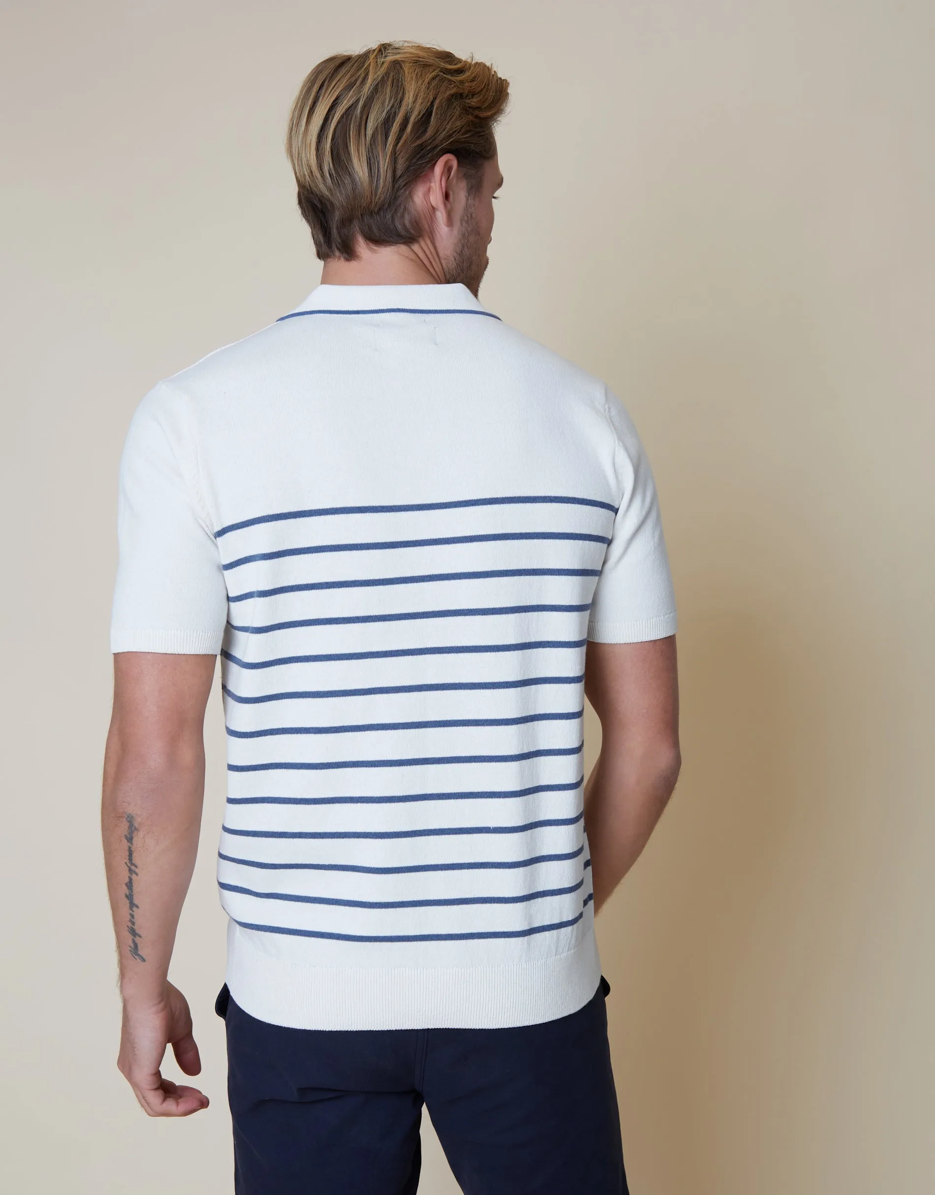 Men's Ecru Trophy Neck Striped Knitted Polo sold by Threadbare product image thumbnail 2