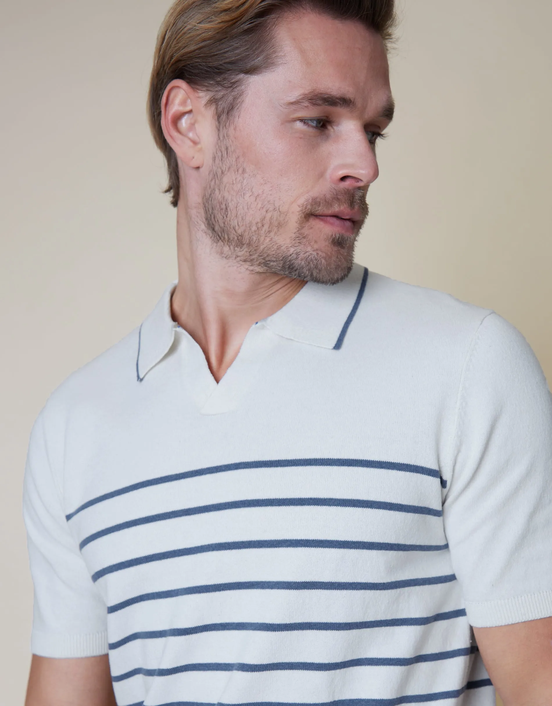 Men's Ecru Trophy Neck Striped Knitted Polo sold by Threadbare product image thumbnail 4