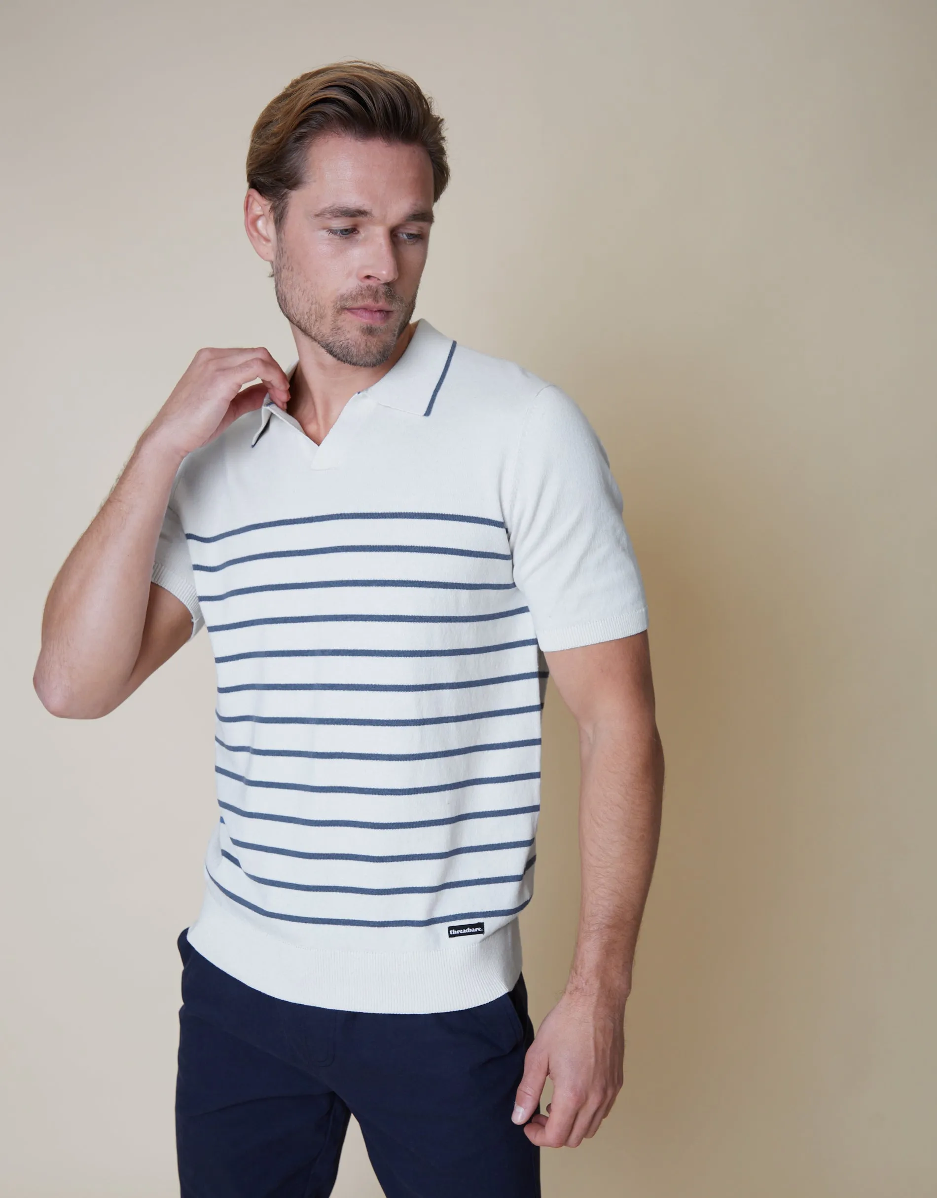 Men's Ecru Trophy Neck Striped Knitted Polo sold by Threadbare