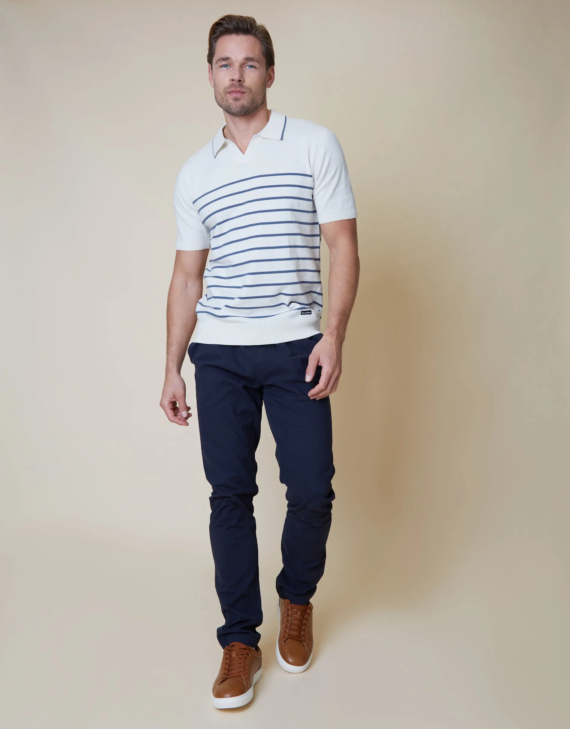 Men's Ecru Trophy Neck Striped Knitted Polo sold by Threadbare product image thumbnail 3