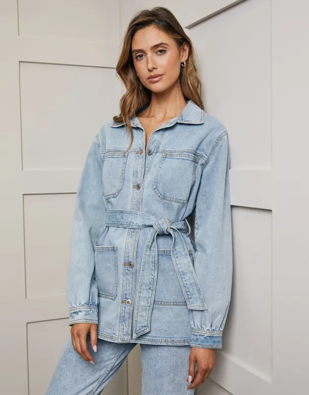 Women's Light Blue Longline Denim Shacket sold by Threadbare