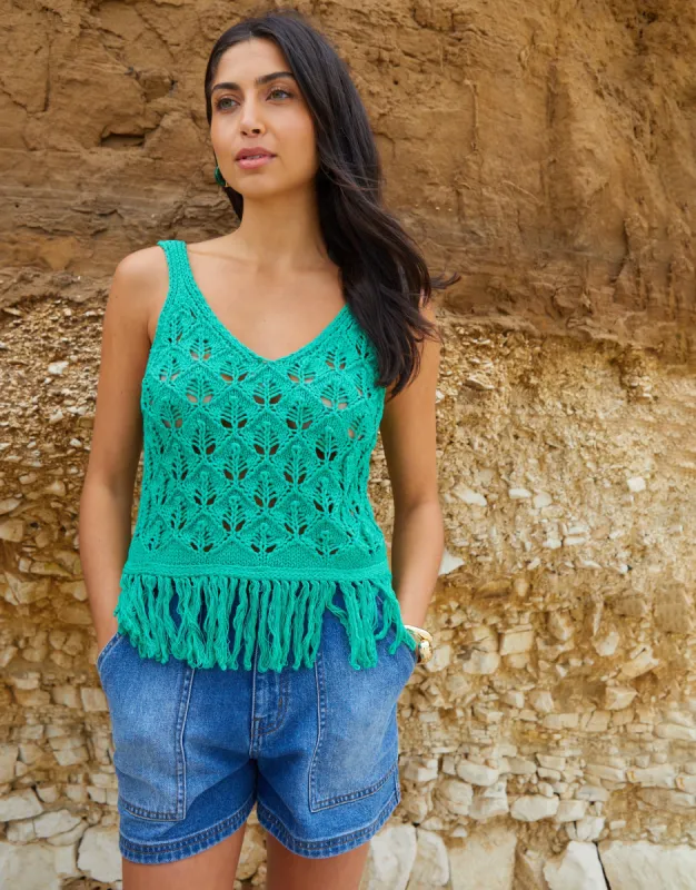 Women's Green Tassel Fringe Crochet Knit Vest Top sold by Threadbare