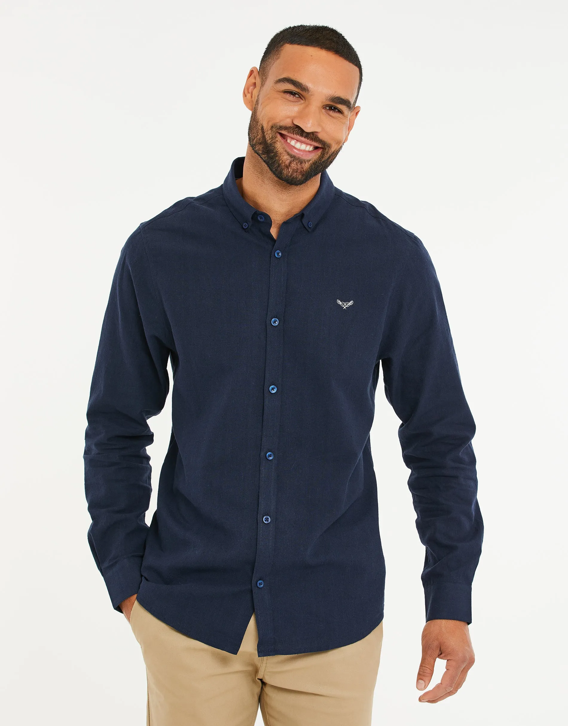 Navy Long Sleeve Linen Blend Shirt sold by Threadbare