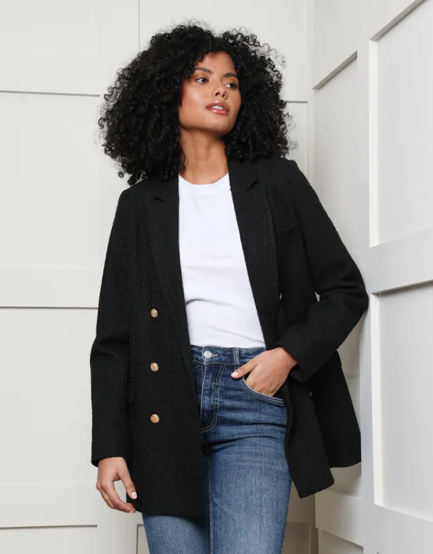 Women's Black Oversized Double Breasted Bouclé Blazer sold by Threadbare