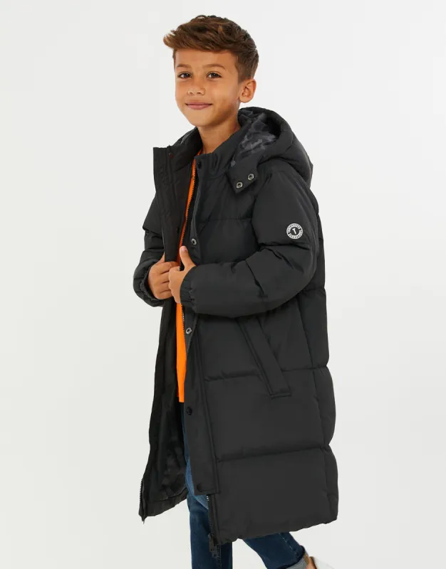 Boys' Black Longline Padded Puffer Jacket sold by Threadbare