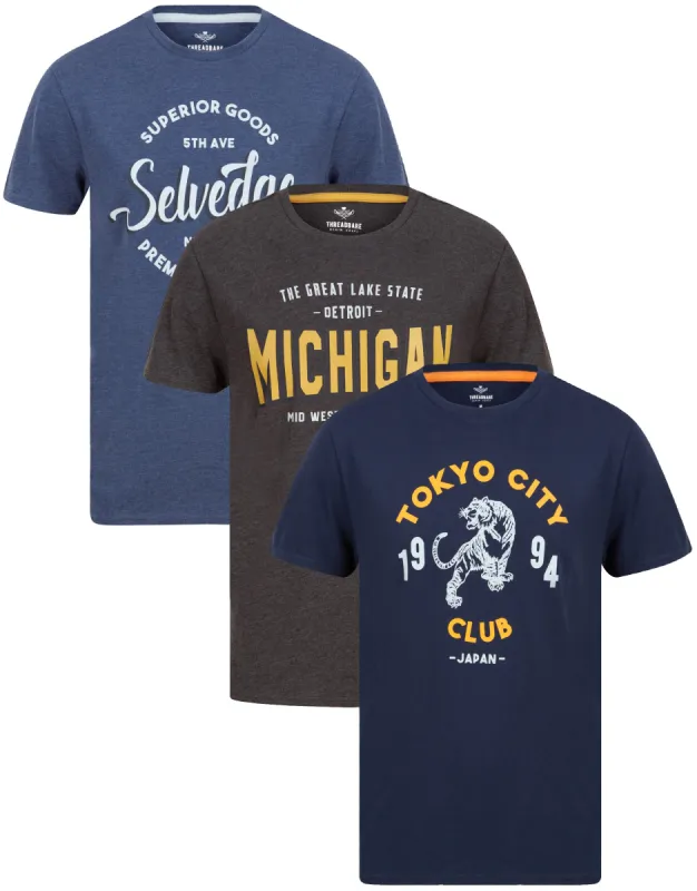 Men's Navy Front Print T-Shirts (3 Pack) made by Threadbare