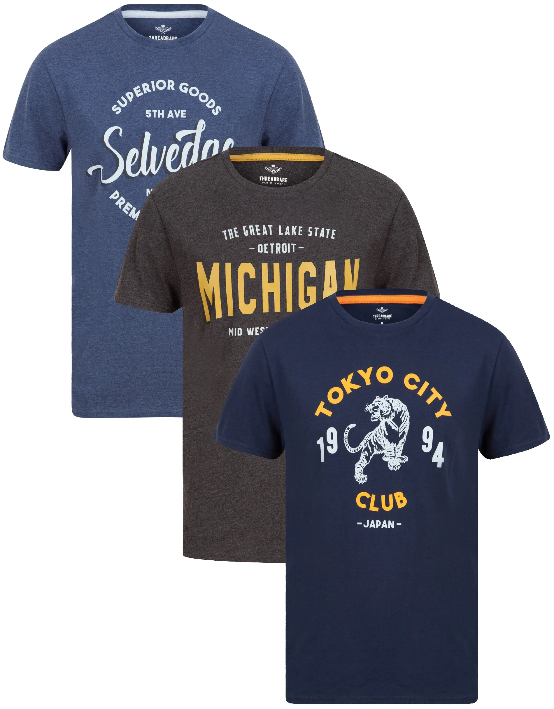 Men's Navy Front Print T-Shirts (3 Pack) sold by Threadbare