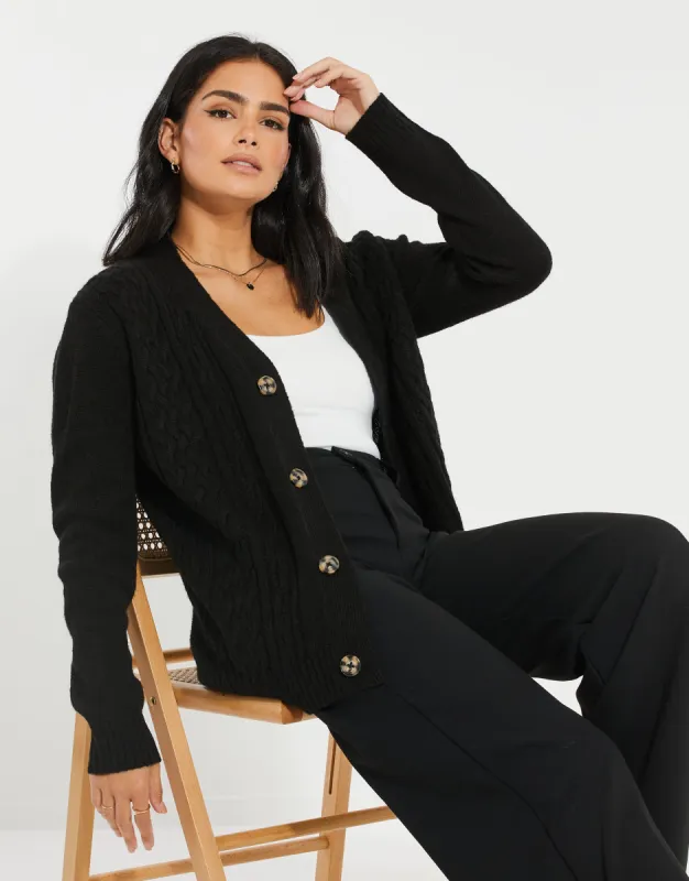 Women's Black Cable Knit Button Up Cardigan sold by Threadbare