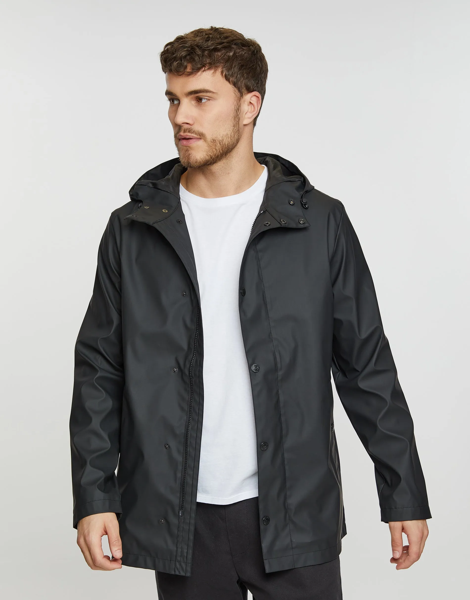 Men's Black Hooded Showerproof Mac sold by Threadbare