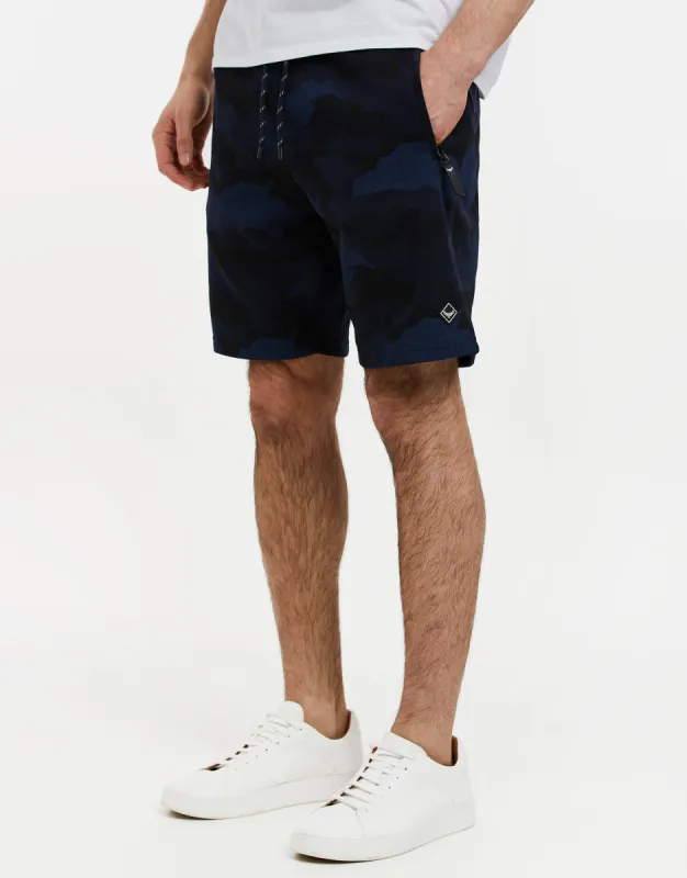 Men's Navy Camo Sweat Shorts sold by Threadbare
