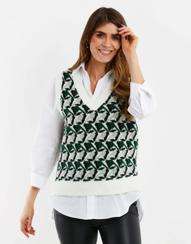 Women's Green Geo Jacquard Knitted Sweater Vest sold by Threadbare