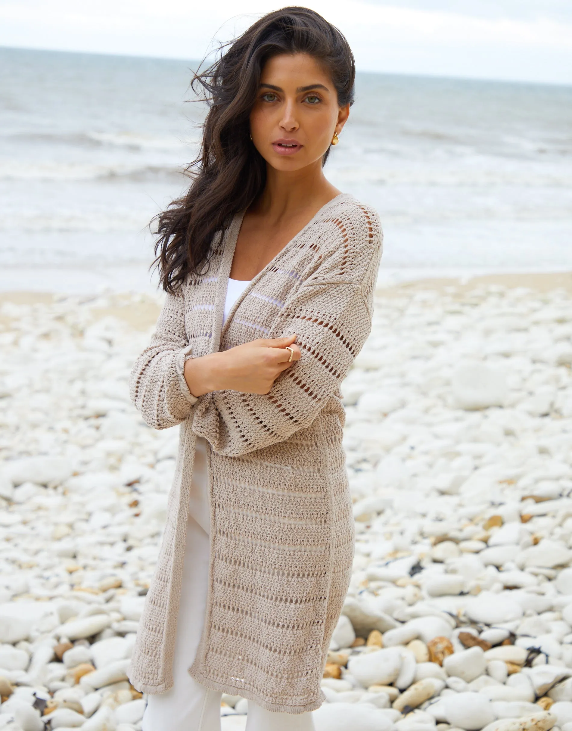 Women's Stone Longline Crochet Cardigan sold by Threadbare