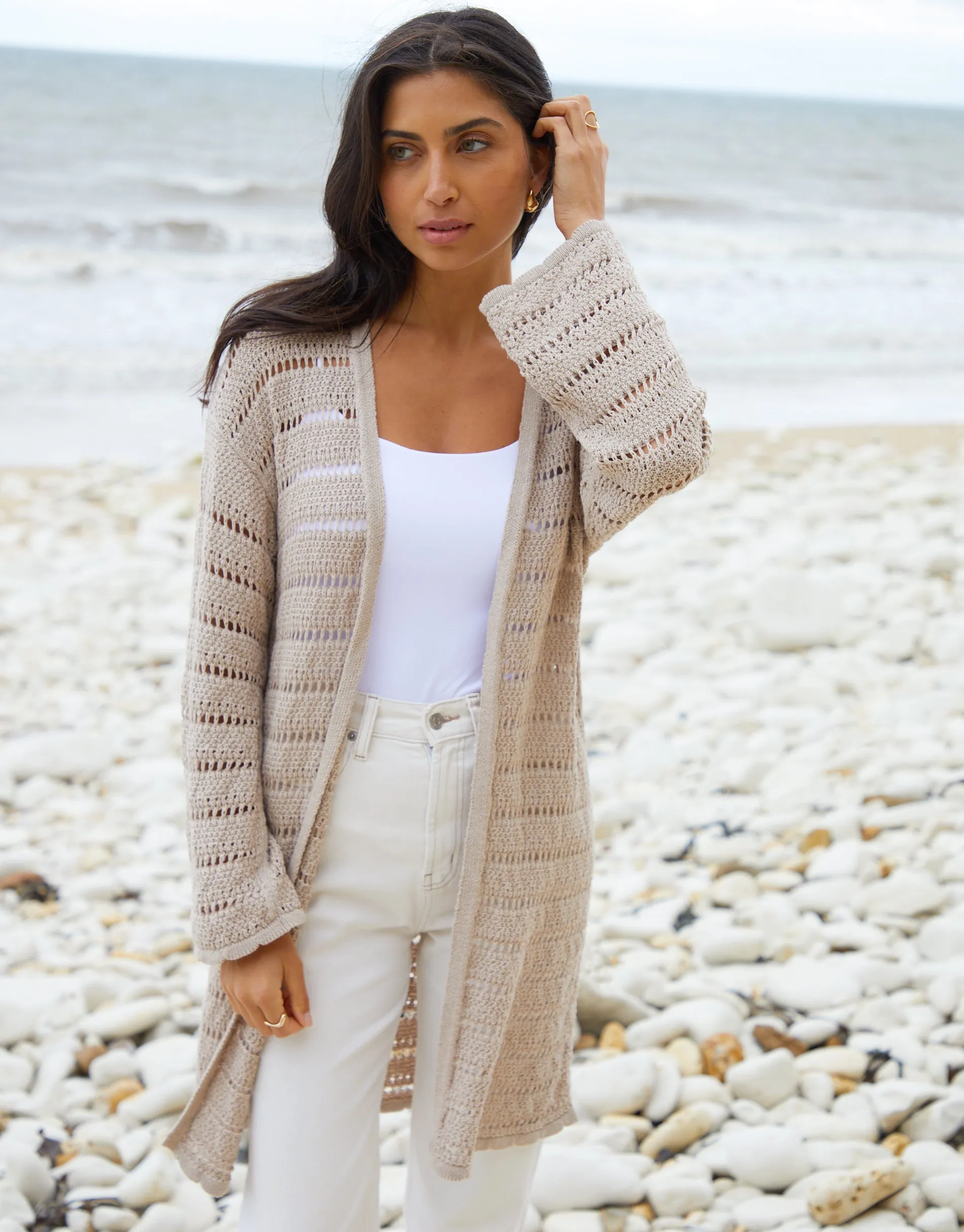 Women's Stone Longline Crochet Cardigan sold by Threadbare product image thumbnail 5
